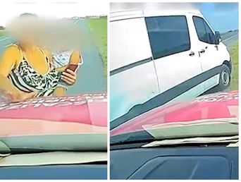 La mujer con el bebé en brazos agrediendo al móvil del Ministerio de Transporte y, luego, con su pareja en la camioneta intentando chocarlo. (Imagen de video) La mujer con el bebé en brazos agrediendo al móvil del Ministerio de Transporte y, luego, con su pareja en la camioneta intentando chocarlo. (Imagen de video)