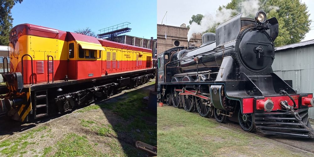 Dos de las locomotoras que el Ferroclub Argentino exhibe en Chascomús.