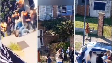Tres momentos de la pelea en la puerta de la Escuela Secundaria Nº9 de Virrey del Pino. (X/Imagen de video)