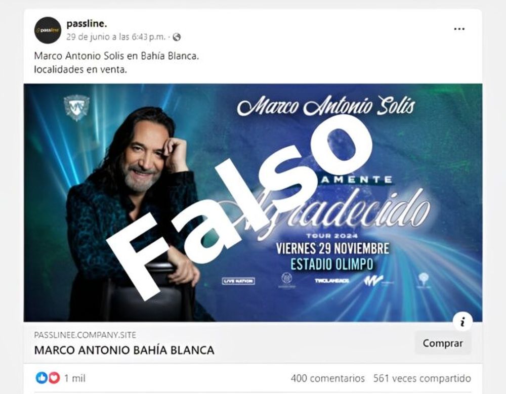 La imagen de la publicidad “trucha” del recital de Marco Antonio Solís. (La Brújula 24)
