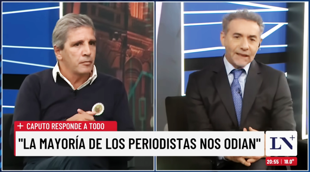 El ministro de Economía, Luis Caputo, en una entrevista con el periodista Luis Majul. (Imagen de TV)