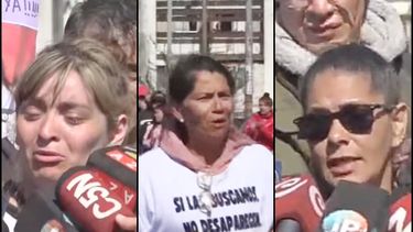 Las mamás de Brenda, Morena y Lara, desconsoladas, marcharon esta tarde en Berazategui, donde fueron hallados los cuerpos de sus hijas. (Imagen de TV)