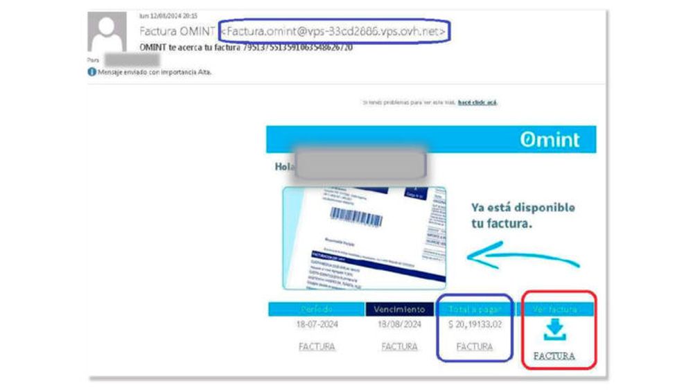 Los supuestos mensajes de la prepaga Omint contienen un archivo adjunto que simula ser una factura emitida por la empresa. - Fiscales -