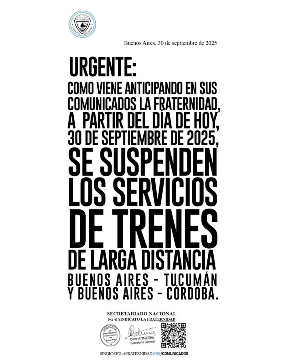 Comunicado de La Fraternidad, el gremio que nuclea a los maquinistas.