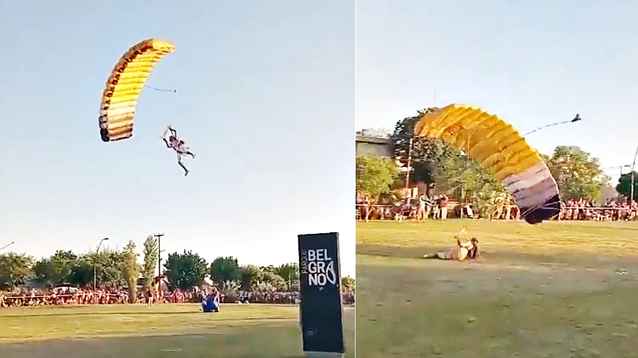 El momento de la llegada y la caída de uno de los tres Reyes Magos en el Parque Belgrano de Pergamino. (El Norte)&nbsp;