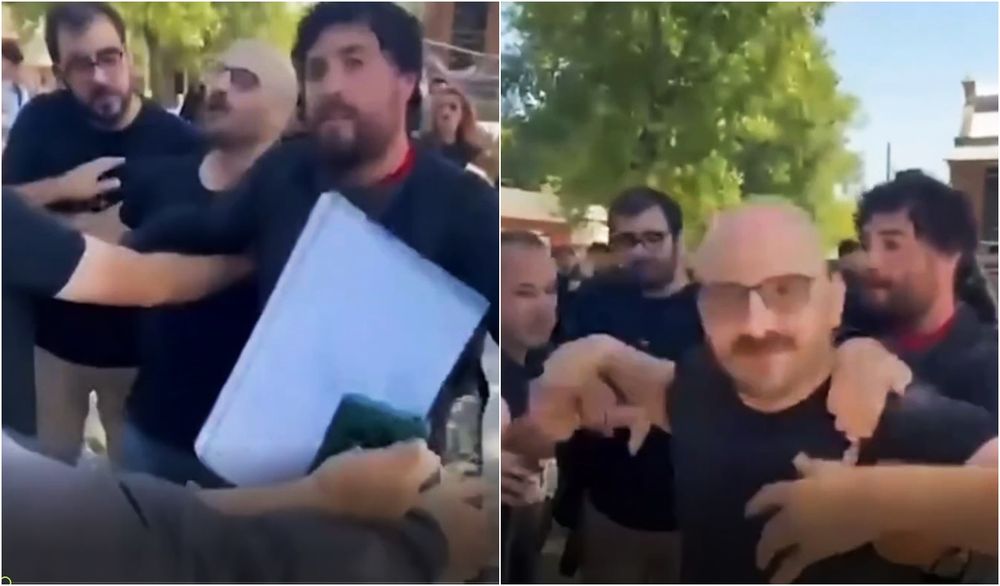 Dos momentos de la pelea que se desarrolló en la Universidad nacional de Lanús. (Imagen de video)