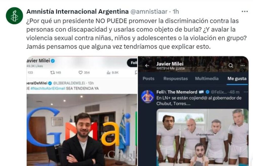 Amnistía Internacional posteó las publicaciones discriminatorias a las que el presidente, Javier Mieli, les dio me gusta. (Red social X)