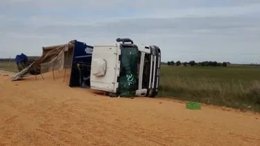 El camión volcado cerca de Coronel Suárez, sobre la ruta 85.