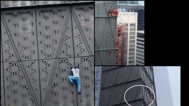 Tres tomas de la hazaña de Marcin Banot en el edificio de Globant, en Buenos Aires.