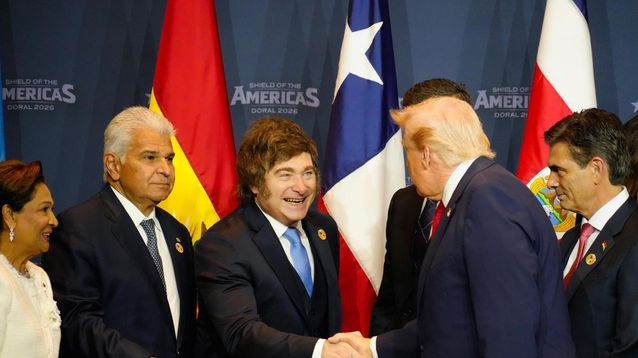 Milei y Trump en el lanzamiento del Escudo de las Américas.&nbsp;