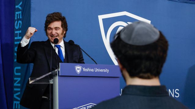 El presidente Javier Milei disertó este lunes al mediodía en la Universidad Yeshiva, en Nueva York.