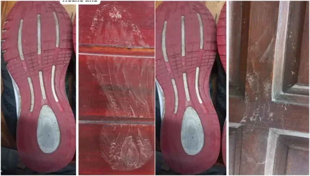 La suela de la zapatilla de uno de los ladrones quedó marcada en el piso y en la puerta de una de las viviendas asaltadas.