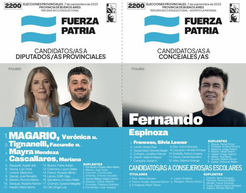 La boleta habilitada de Fuerza Patria, con la imagen de Verónica Magario y Facundo Tignanelli.