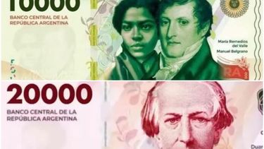 Los billetes de $10.000 y $20.000 que comenzarán a circular este año.