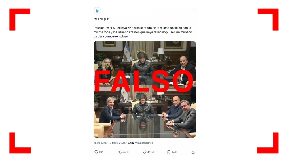 Es falso que la figura de Javier Milei en estas fotos de reuniones de gobierno sea la misma.