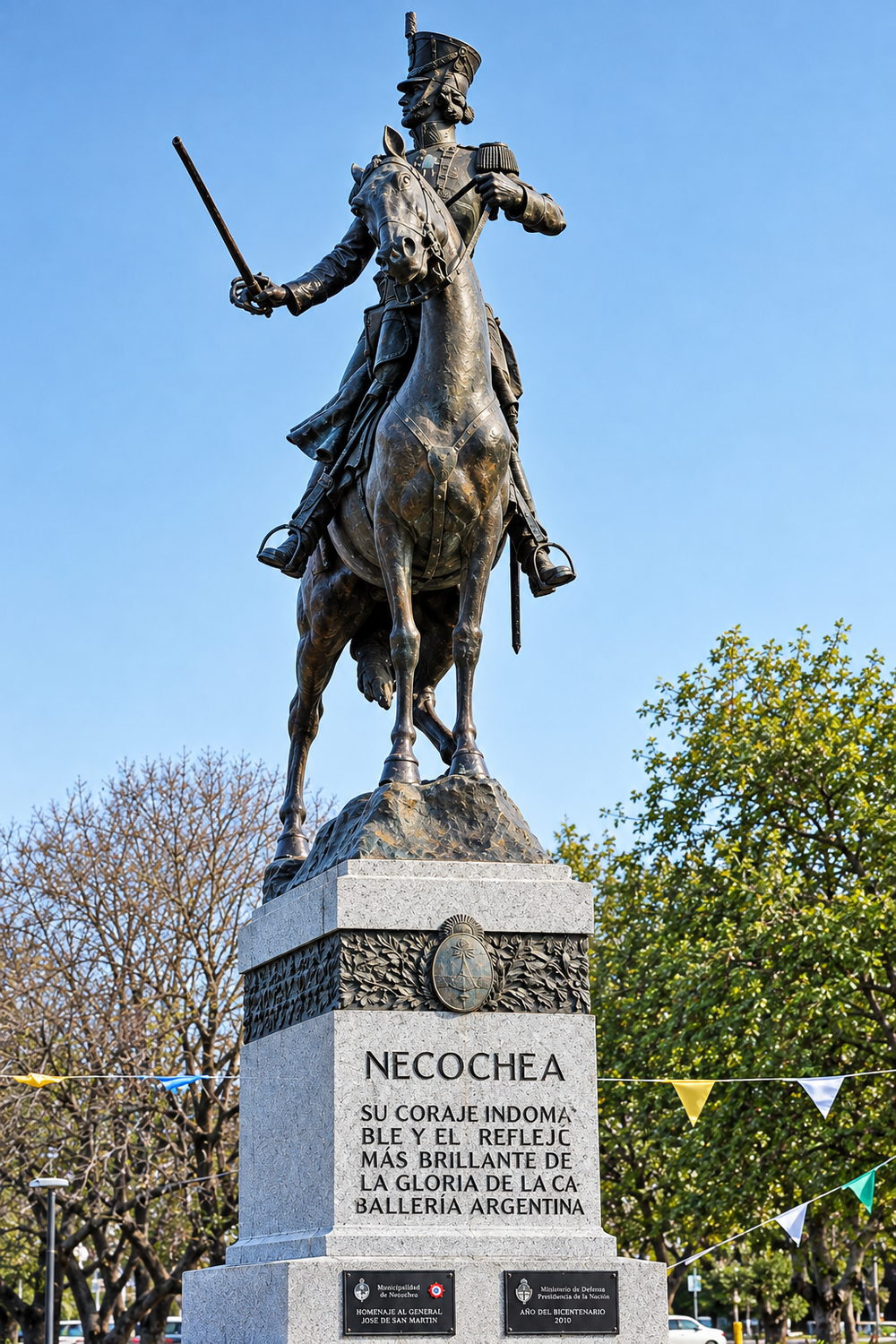 El monumento al General Mariano Necochea está emplazado en la rotonda de la Plaza Dardo Rocha de la ciudad que lleva su nombre.&nbsp;