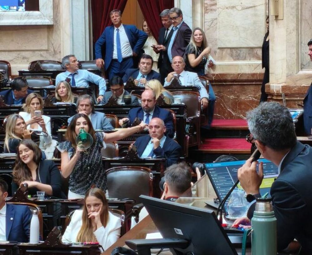 Marcela Pagano con un megáfono en la Cámara de Diputados. (X @ddeurieta)