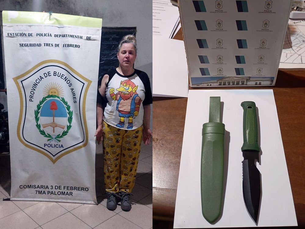 Annabel Ilarraz, la mujer detenida por las agresiones en el acto de Milei, y el cuchillo que portaba.