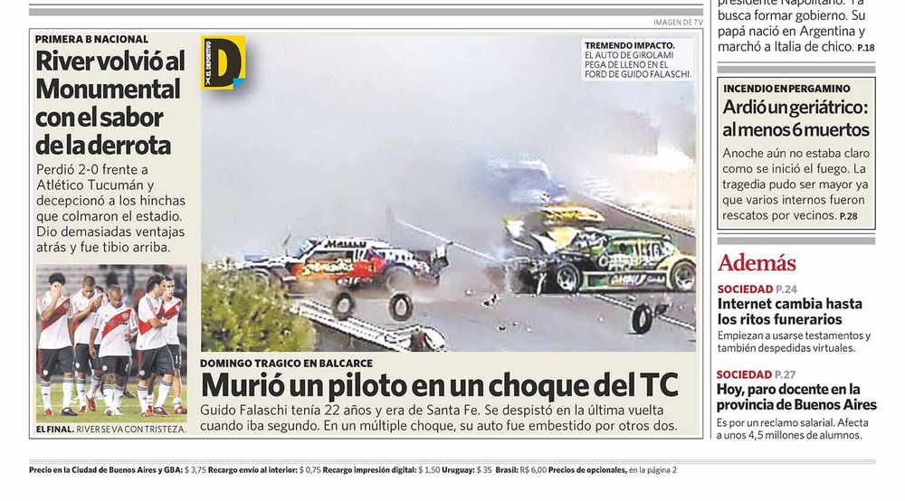 El accidente que se cobró la vida de Falaschi en la tapa de Clarín. El accidente que se cobró la vida de Falaschi en la tapa de Clarín.