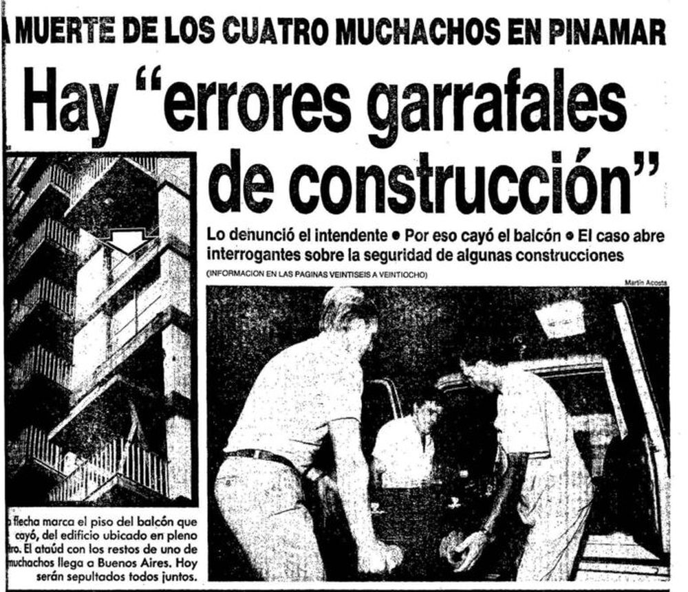 La tapa de Clarín del día siguiente de la tragedia de Pinamar ya hablaba de “errores garrafales de construcción”.