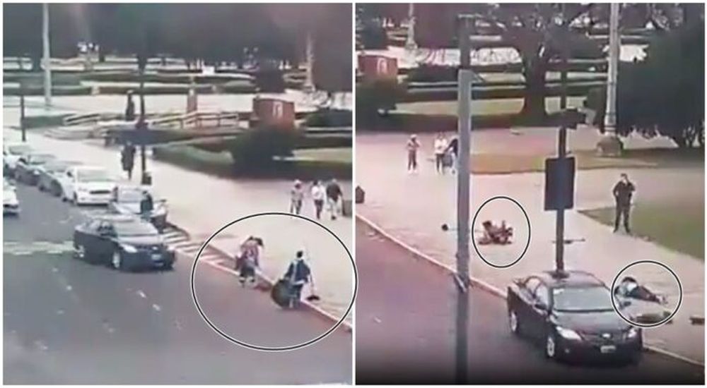 Secuencias del video que captó el incidente vial ocurrido en Plaza Moreno, La Plata, en el cual un hombre atropelló a dos mujeres que barrían la vereda.