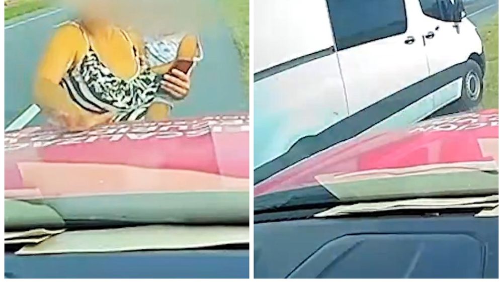 La mujer con el bebé en brazos agrediendo al móvil del Ministerio de Transporte y, luego, con su pareja en la camioneta intentando chocarlo. (Imagen de video)