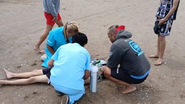 Atención a un turista directamente en la playa, gracias al sistema de trabajo en red. (Ministerio de Salud)