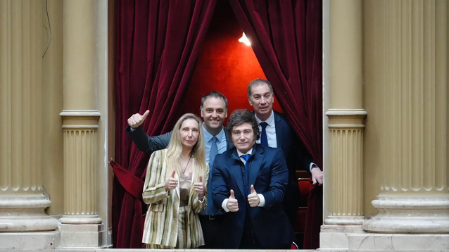 Javier Milei y su equipo de Gobierno: Karina Milei, Manuel Adorni y Diego Santilli.&nbsp;