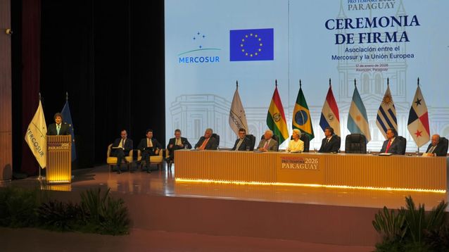 Milei habla en la ceremonia de firma del acuerdo entre UE y Mercosur, en Asunción del Paraguay.&nbsp;